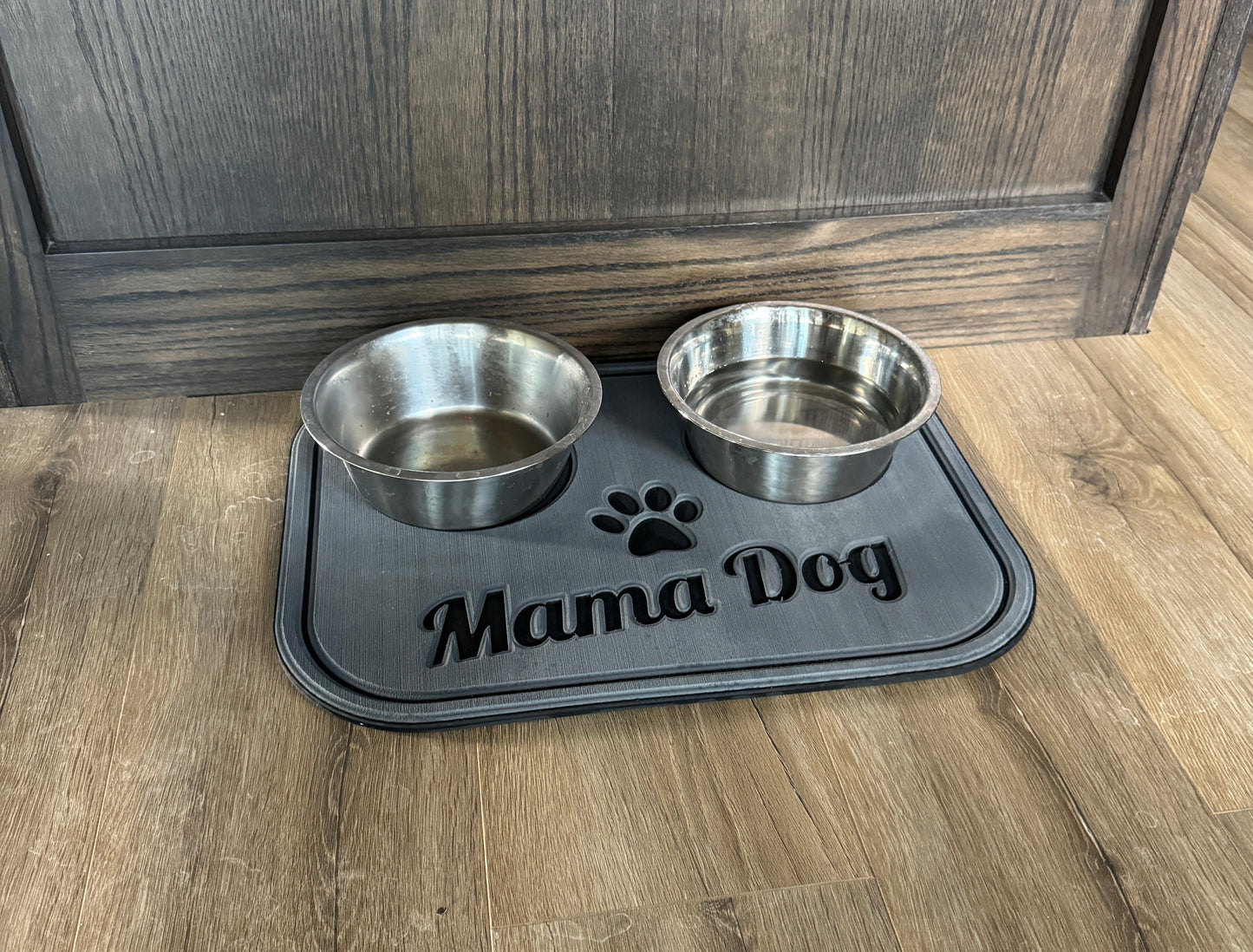 Custom Dog Bowl Mats with stainless bowls